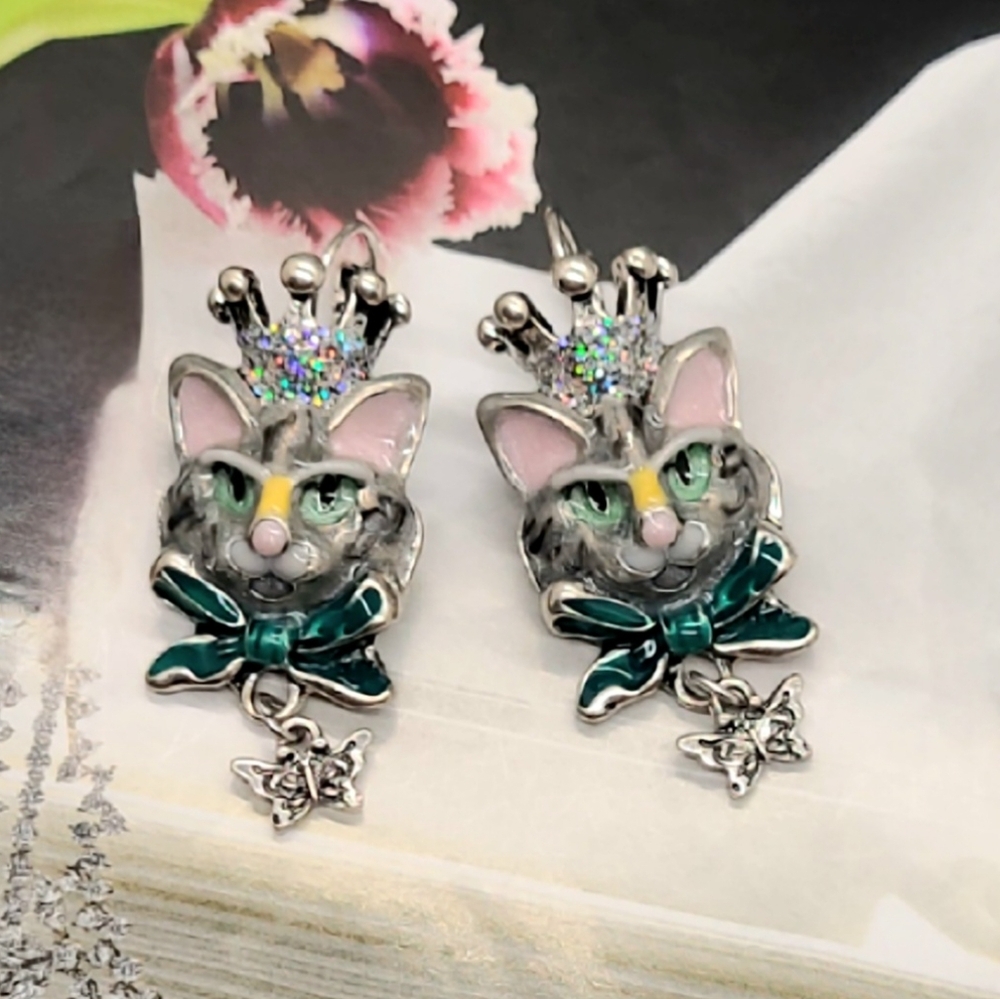 Vintage Estate Collectible Signed Kirks Folly Princess Kitty Silver Earrings